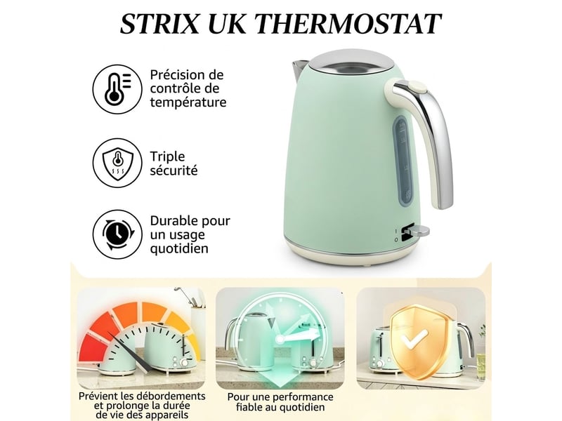  Set petit-déjeuner rétro 2 pièces en acier inoxydable – bouilloire électrique 1,7 l 2200w (thermostat strix) et grille-pain 7 niveaux de dorage – vert pastel et argent  - Conforama E
