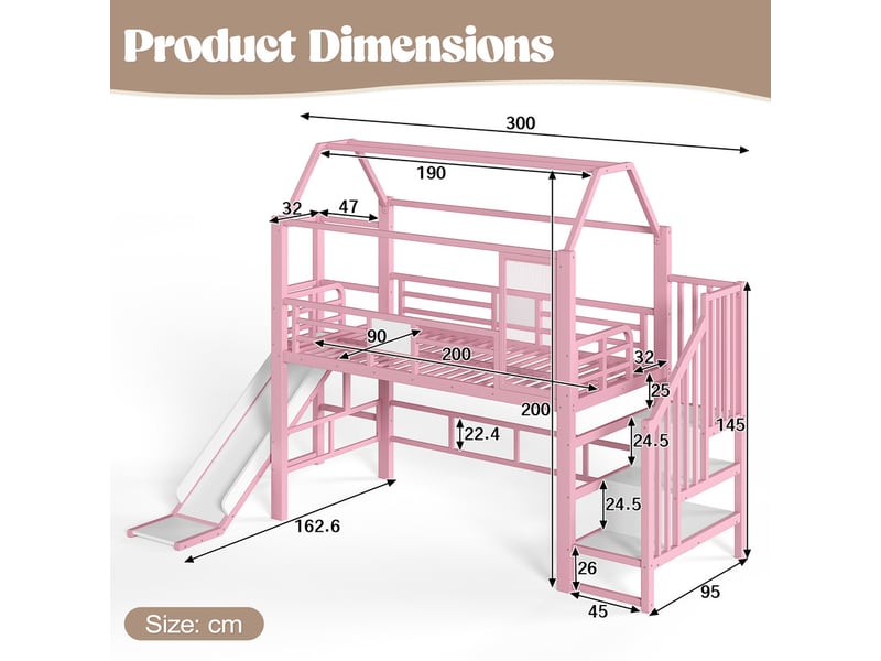 Lit mezzanine enfant rose en métal avec toboggan, escalier, rangement et éclairage led bluetooth, 90 × 200 cm  - Conforama C