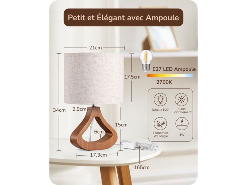  Lampe de table edishine t24019 beige lin chene e27 4w led 2700k 370618_AAAYP06021_6_DROPFR - Conforama D