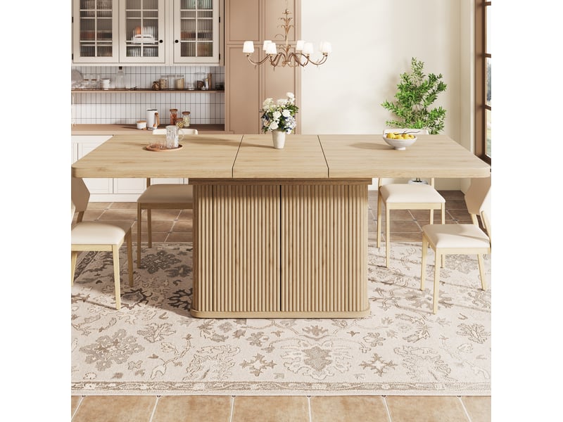 Table de salle à manger extensible avec rangement caché et plateau rabattable, décor bois clair 140 × 80 × 76,5 cm - Conforama B