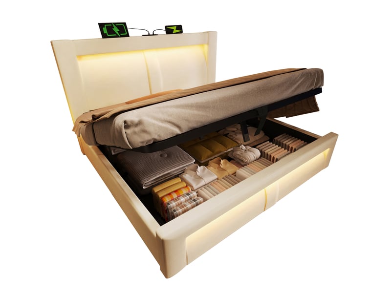  Lit double 140 x 200 cm beige en velours avec rangement hydraulique, led, ports usbtype-c et matelas  - Conforama A