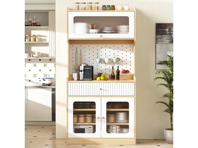  Buffet cuisine 3 portes vitrées et 1 tiroir, 80 x 40 x 180 cm, éclairage led, panneau perforé et étagères réglables, mdf, couleur bois Morn Vibe - Conforama D