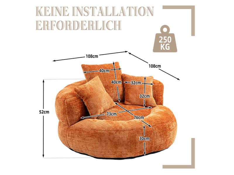  Fauteuil relax fixe en tissu orange avec dossier enveloppant, 3 coussins et assise souple pour se détendre  - Conforama C