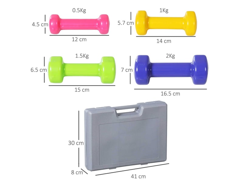 Set de 4 paires d'haltères 0,5 à 2 kg, noyau métallique et revêtement plastique, avec mallette - Conforama B