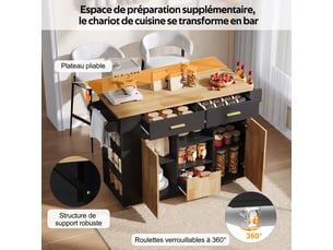 Îlot de cuisine mobile 120 x 4571 x 90 cm avec plateau rabattable, 3 tiroirs, étagères et roulettes, noir et bois