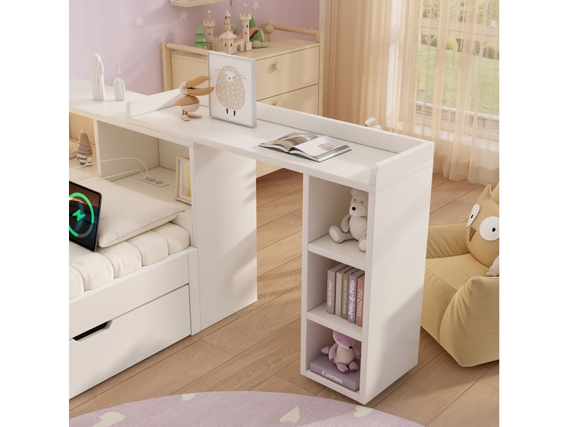  Lit combiné 140x190 cm avec lit gigogne 90x190 cm, led et prises, blanc  - Conforama E