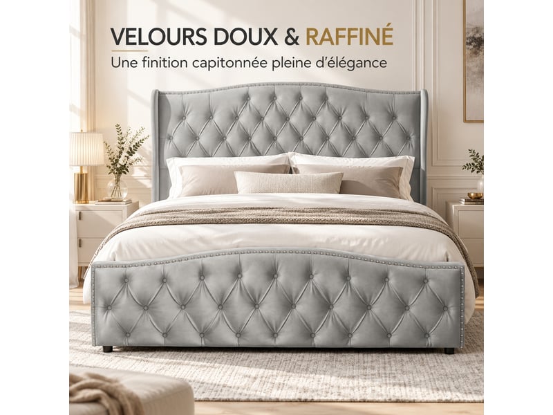  Yyxldynb lit coffre 140x190 cm avec rangememt, lit double rembourré avec sommier à lattes, cadre de lit 2 places avec tête de lit capitonnée, lit adulte, velours gris  - Conforama D
