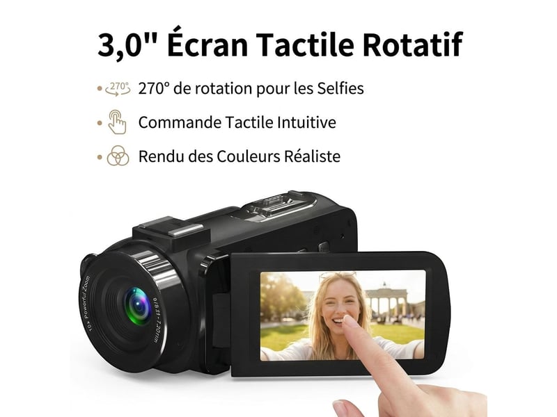  Caméscope numérique 8k ultra hd 48mp – caméra vidéo de vlog avec vision nocturne infrarouge, écran tactile rotatif 3,0, wifi et télécommande 2.4g – noir  - Conforama B