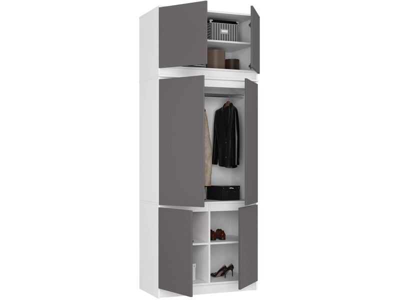 Armoire avec surmeuble s90 blanche 90 cm 6 portes façade gris graphite 6 étagères 90x51x235 cm - Conforama B