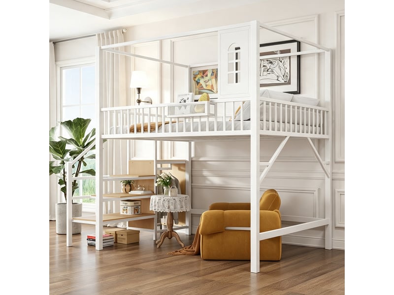  Lit mezzanine en métal 140x200 cm, structure avec toit, échelle de rangement, penderie, blanc  - Conforama B