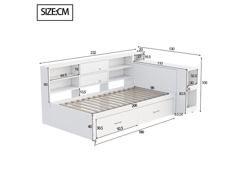  Lit combine enfant 90x200, rangement intégré lit enfant, tiroirs doubles, compartiments cachés, bureau coulissant, ports usb  - Conforama C