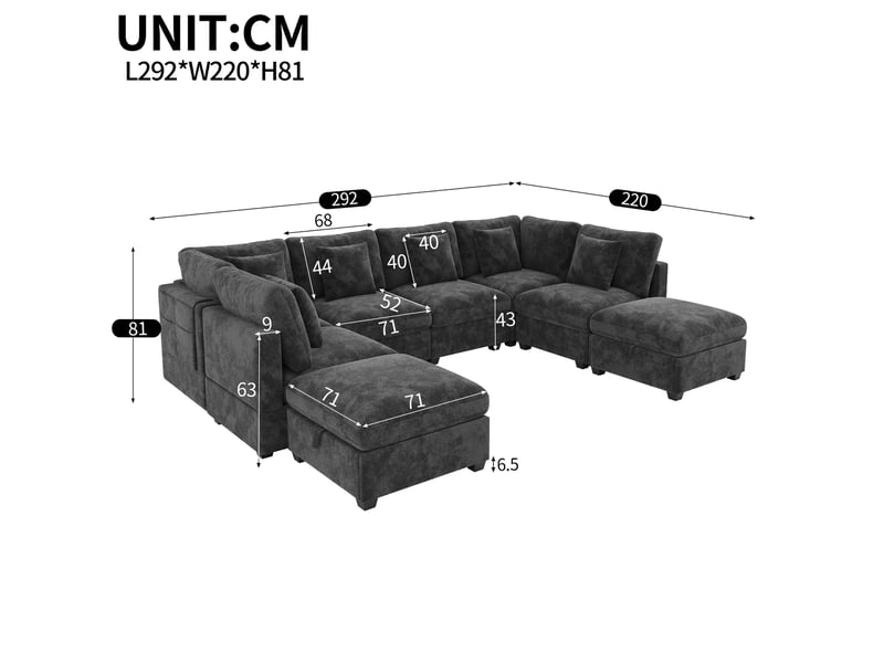 Canapé d'angle xxl modulable 8 places , 292 x 220 x 81 cm avec fonction lit intégrée, 2 poufs de rangement , 6 coussins , tissu chenille – gris - Conforama C