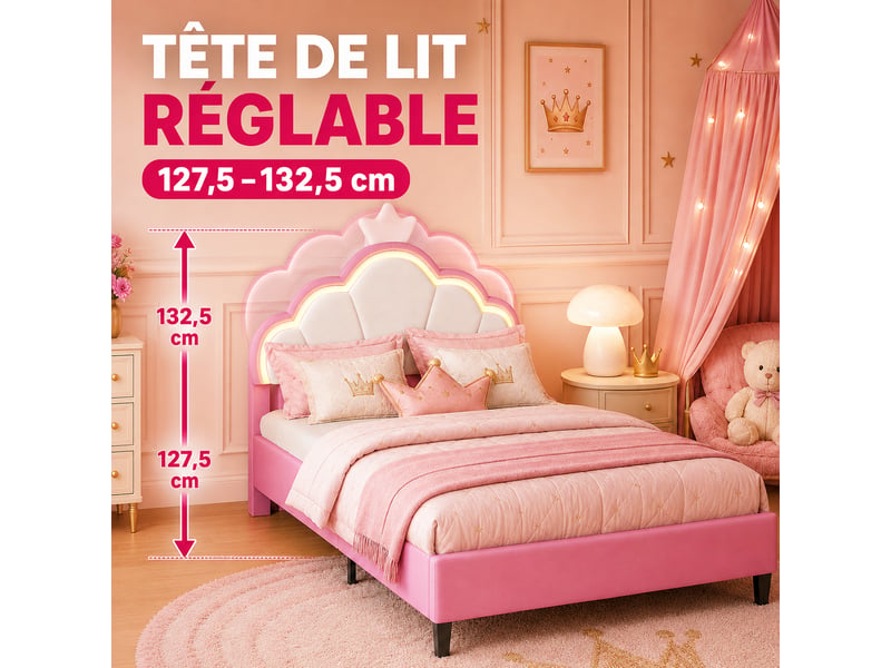  Lit pour enfant rembourré 140 x 200 cm,lit princesse avec tête de lit à couronne led, lit fille, réglage hauteur, velours rose  - Conforama D