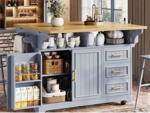 Îlot de cuisine mobile 120 x 40 x 95 cm, plateau extensible, 3 tiroirs, 2 portes et roulettes, bleu, style contemporain