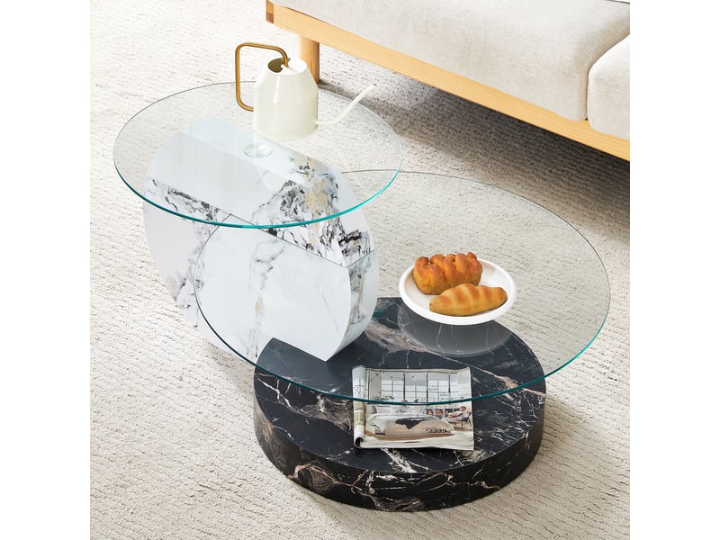 Table basse verre trempé 90cm noir et blanc marbre – design moderne à niveaux – stabilité et élégance - Conforama D