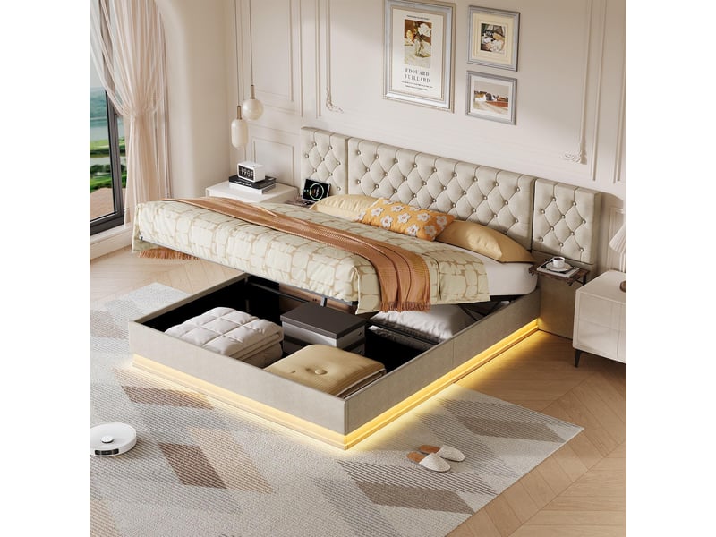  Lit 160x200cm - lit coffre 160x200 - lit double led avec tête de lit large et tables de chevet intégrées - en lin beige  - Conforama B
