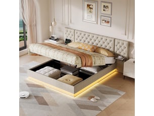 Lit 160x200cm - lit coffre 160x200 - lit double led avec tête de lit large et tables de chevet intégrées - en lin beige