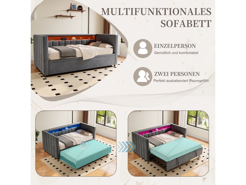  Lit gigogne enfant 90x190 cm canapé-lit avec led et rangement, velours, gris foncé, sans matelas  - Conforama R