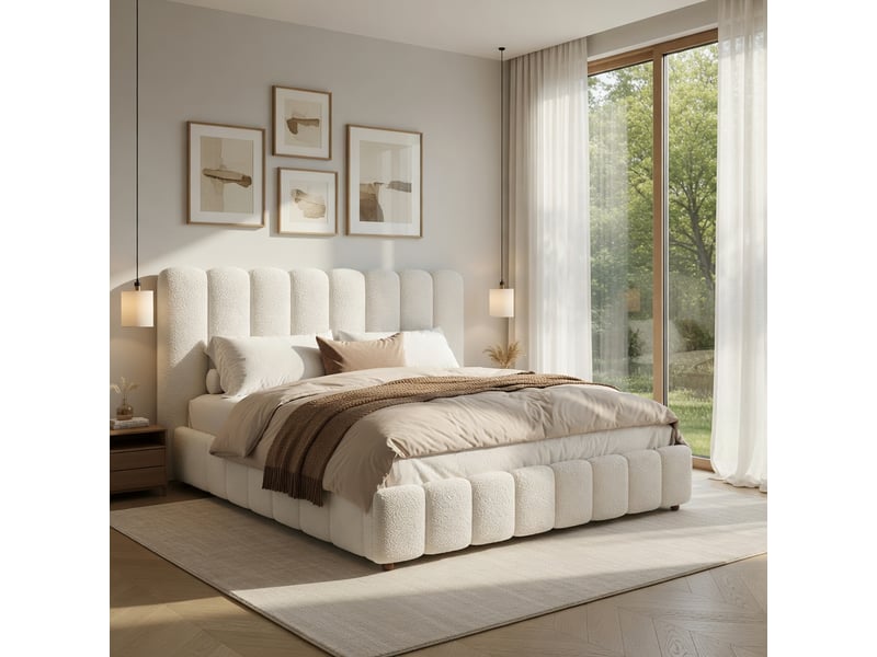  Lit pour adulte 180 × 200 cm, avec sommier et tête de lit, tissu bouclé, blanc  - Conforama B