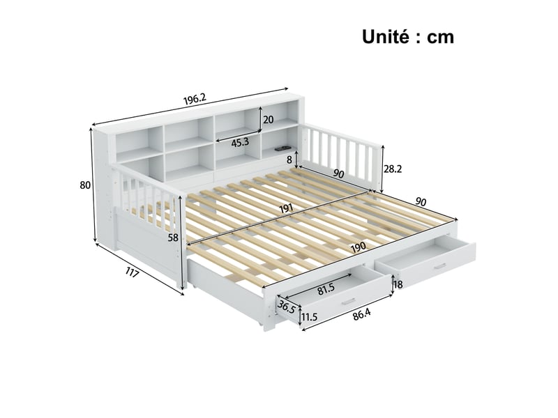 Canapé convertible extensible avec rangements et prise, deux tiroirs et sommier à lattes, en bois blanc - Conforama D