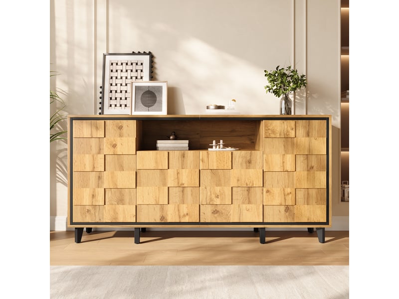  Buffet bas 160x35x76cm, 4 portes et niche ouverte, façade géométrique sans poignées, mdf et panneaux de particules, bois naturel pour salon, salon  - Conforama B