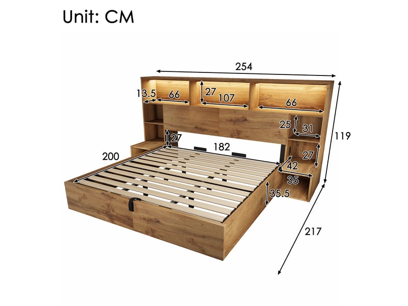  Lit coffre chêne 180x200 cm avec chevets, led, usb et type-c Fay Lum - Conforama C