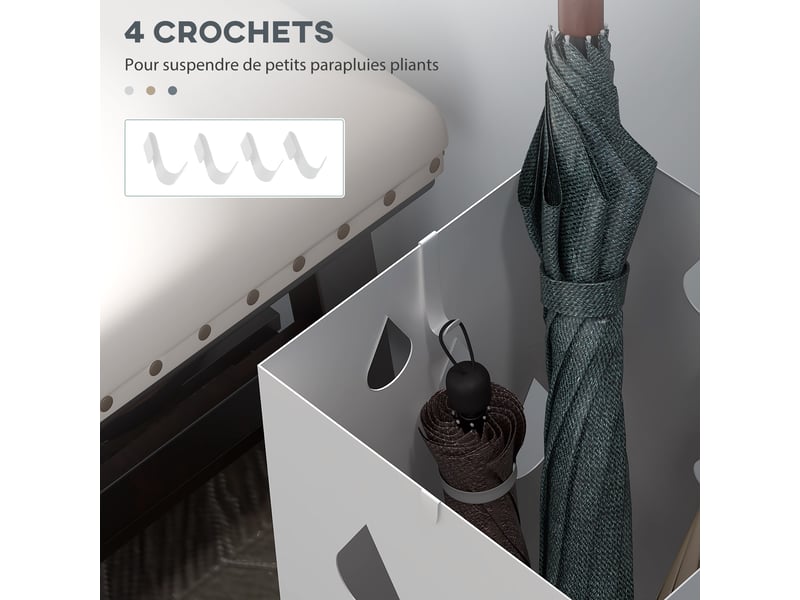  Porte-parapluie support à parapluie carré en acier avec 4 crochets et bac de récupération amovible d'eau blanc  - Conforama R
