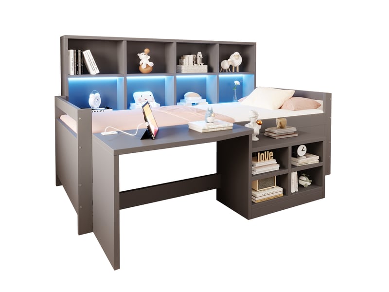  Lit enfant multifonctionnel 90x200 cm - lit simple avec rangement, bureau, étagères, led et prises - gris  - Conforama A
