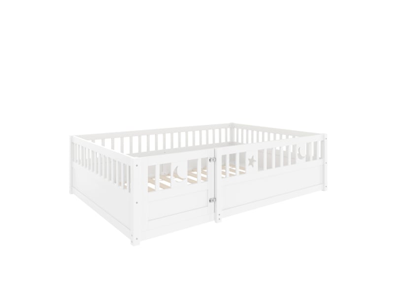  Lit à panneaux, 140 x 190 cm, lit enfant avec barrière de sécurité, décor étoiles et lune, sans matelas, style minimaliste, blanc  - Conforama D