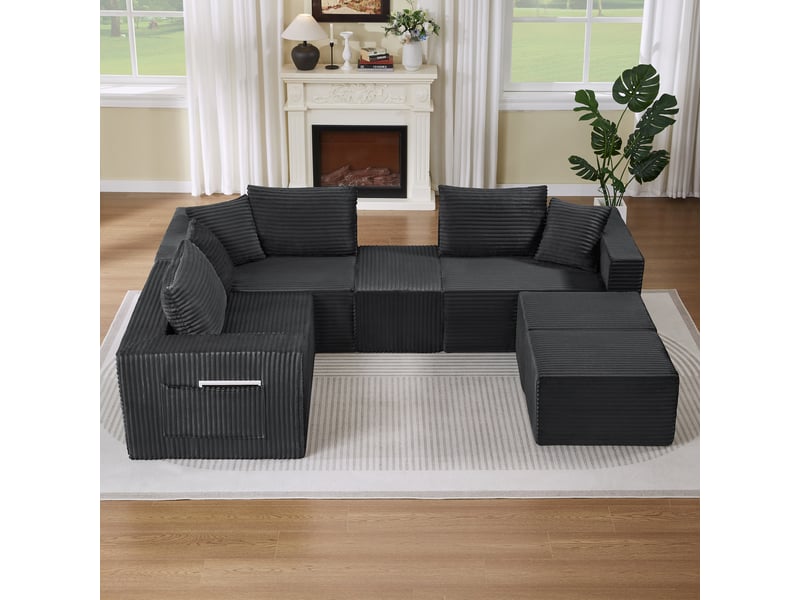 Canapé modulable 6 places en velours côtelé gris foncé, assise souple et composition flexible IKSETERA TRADING LTD - Conforama A