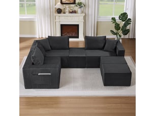 Canapé modulable 6 places en velours côtelé gris foncé, assise souple et composition flexible
