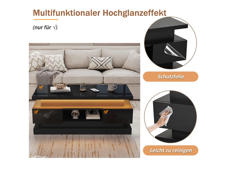  Table basse, à plateau relevable, avec éclairage led, avec 2 tiroirs, 100 x 50 x h 40–54 cm, noir, structure en panneau de particules, pour le salon Luxe haut de gamme - Conforama E