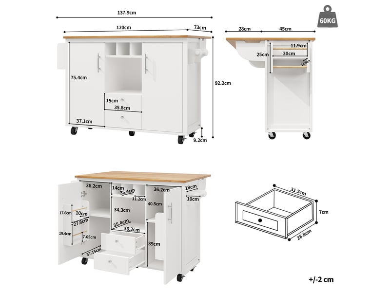 Desserte cuisine, îlot central sur roulettes avec plan de travail, plateau extensible, pivotant à 360°, dimensions 137,9 x 73 x 92,5 cm, mdf, blanc - Conforama C