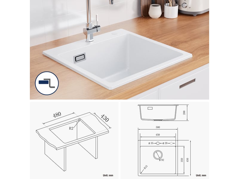  Cecipa max évier en granit 50x45cm - évier de cuisine - évier simple blanc - avec système d’évacuation - pour meuble de 50 cm  - Conforama C