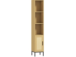 Armoire de salle de bains étroite 30x30x164 cm, 3 niveaux ouverts et tablette réglable, bois, naturel