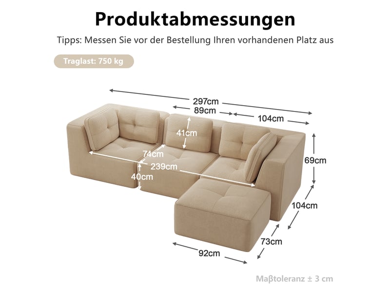  Canapé d’angle modulable 3 places velours côtelé beige – 297 x 177 x 69 cm Fay Lum - Conforama C
