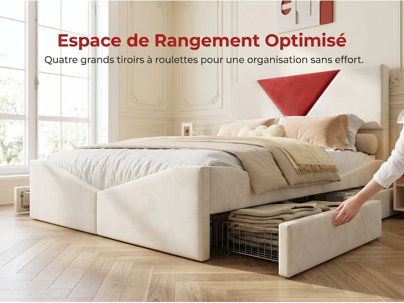 Lit coffre 140x190 cm - rangement sous lit - revêtement tissu - tête de lit bicolore rembourrée - sommier à lattes inclus - Conforama E