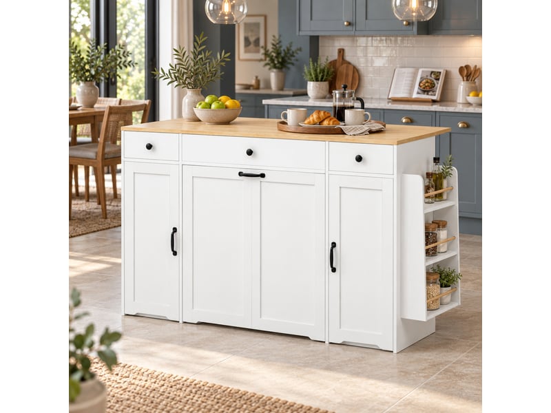  Buffet de cuisine 136 x 65 x 90 cm, plateau effet bois, 3 tiroirs, 2 portes et rangements, blanc et naturel, en mdf  - Conforama D