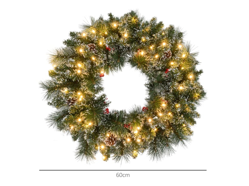  Couronne de noël porte artificielle 60 cm avec pommes de pin et grappes de baies, lumières led et minuterie vert  - Conforama E