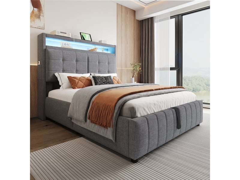 Lit capitonné 140*200 cm gris en lin avec led, usb, coffre hydraulique, tête à étagères et cadre métal stable - Conforama E