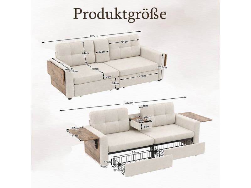  Canapé 2 places en chenille avec rangement intégré, table d’appoint réglable et porte-gobelets - beige  - Conforama C
