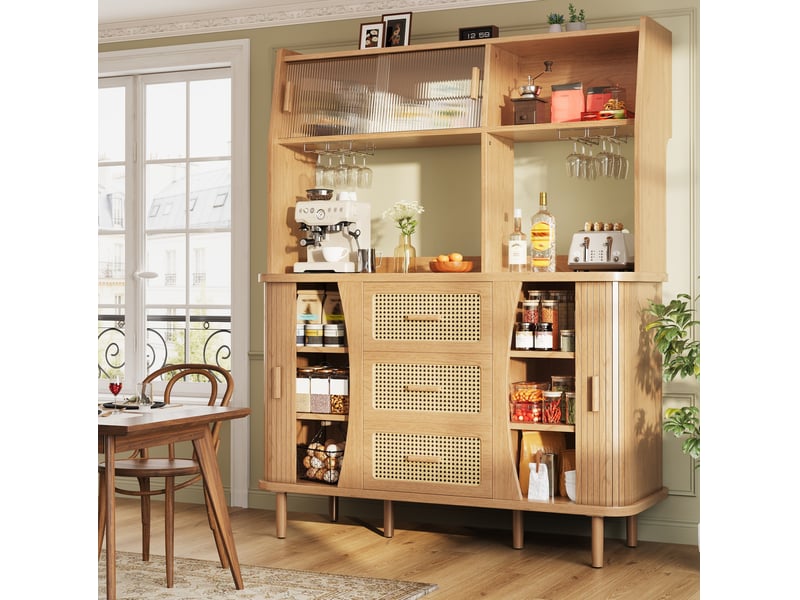  Buffet de cuisine avec 3 tiroirs, portes coulissantes en verre et range-verres, mdf, bois, 140 × 40,5 × 174,5 cm  - Conforama B