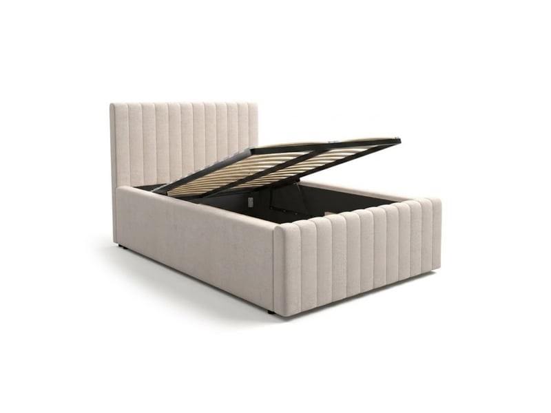  Lit coffre eloria 120x200 en tissu bouclé beige avec tête de lit capitonnée et sommier inclus  - Conforama A