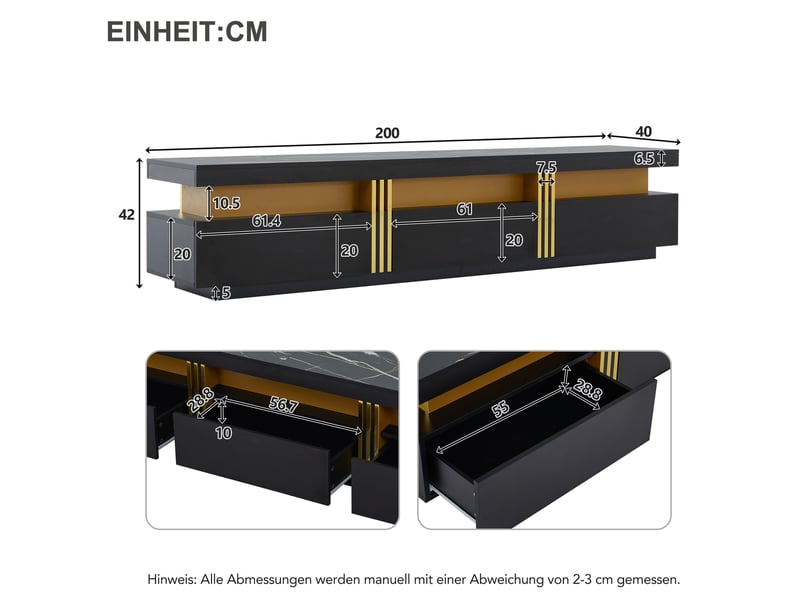  Meuble tv moderne effet marbre 200x40x42 cm avec 3 tiroirs et gestion des câbles pour tv jusqu'à 90 pouces  - Conforama C