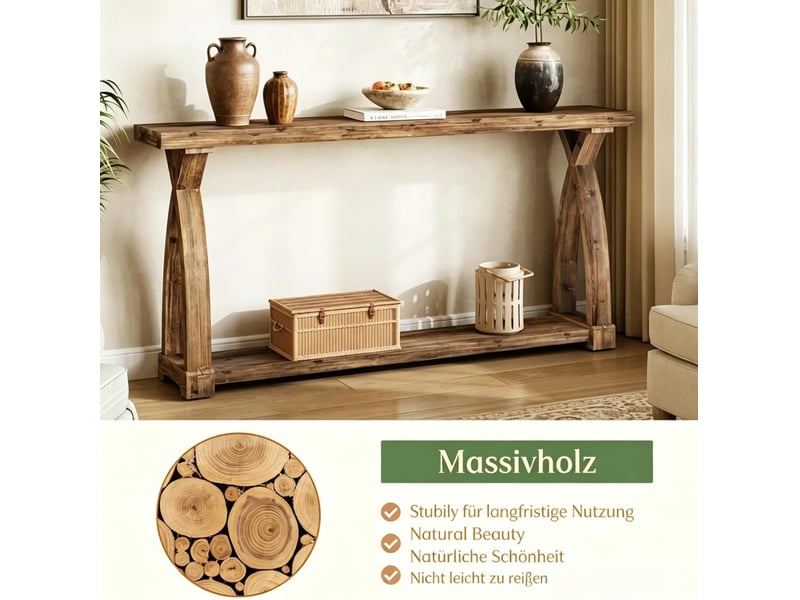  Table console en bois marron 160 cm à deux niveaux, style campagne élégant pour l'entrée ou le salon  - Conforama D