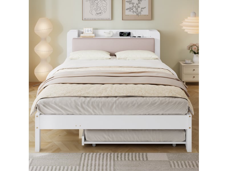  Lit fonctionnel 120x200 cm avec lit gigogne 90x190 cm, tête rembourrée, rangement ouvert, bois, blanc, sans matelas  - Conforama D
