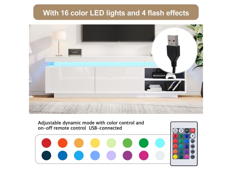  Meuble tv design moderne brillant avec éclairage led et grand rangement meuble tv avec rangement  - Conforama E