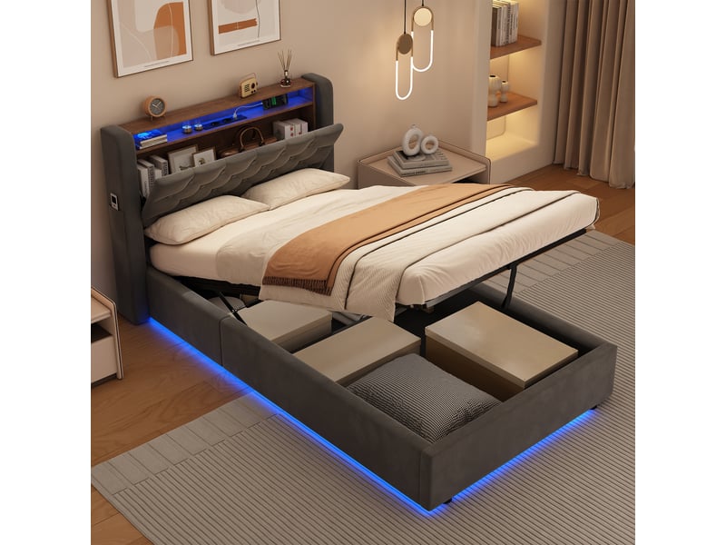  Lit rembourré 90 × 190 cm 1 place avec rangement hydraulique, étagère, usb, type-c et led, sans matelas, gris  - Conforama E