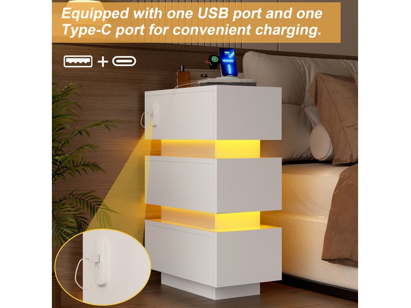  Lot de 2 tables de chevet étroites 20x40x59,5 cm, 3 tiroirs, led usb type-c, panneaux de particules, blanc  - Conforama E
