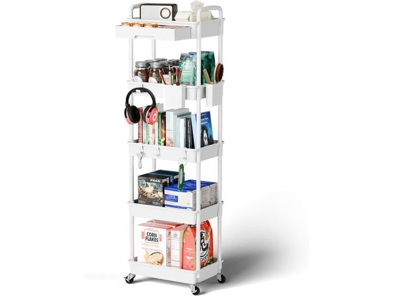  Chariot cuisine 5 niveaux spacekeeper blanc 1 tiroir verrouillable 5 paniers ventilés roues 360°  - Conforama A